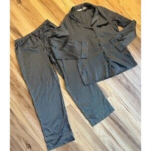 Wm Med Adonna Pajama Set Black White Striped Satin Button Down Sleepwear Retro